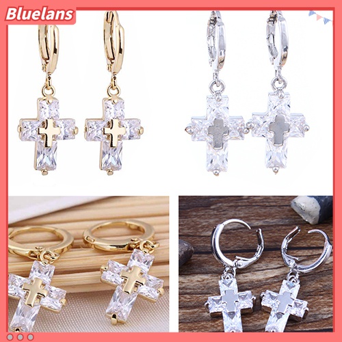 Anting Hoop Model Silang Menjuntai Bahan Cubic Zirconia Untuk Wanita