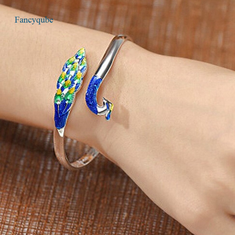 Fancyqube Gelang 925 Sterling Silver Desain Hewan Merak Warna-Warni Gaya Etnik Elegan Untuk Wanita