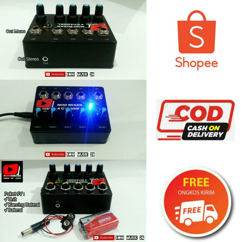 Mini Mixer 4 Channel 2 Output (Bisa Untuk Ke Soundcard V8) 9v