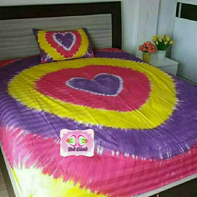 Sprei Bali Katun Tiedye Motif Love Ungu Pink Kuning.