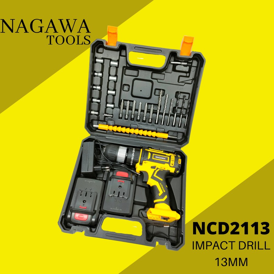 CORDLESS HAMMER DRILL 21V SET MESIN BOR BATERAI NAGAWA NCD2113 - Kuning