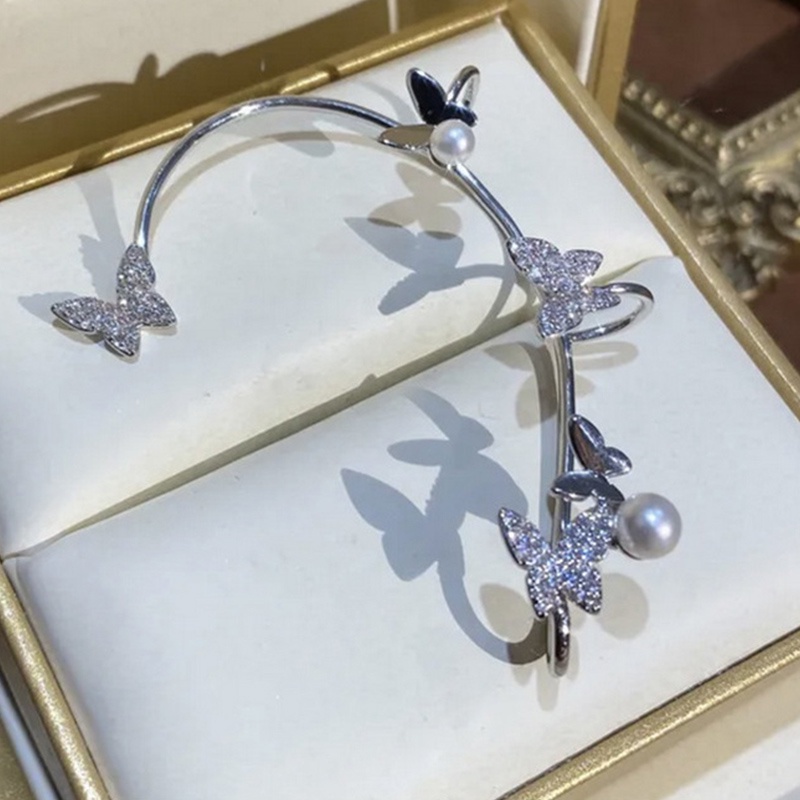 Anting Gantung Tanpa Tindik Desain Kupu-Kupu Aksen Mutiara Untuk Wanita