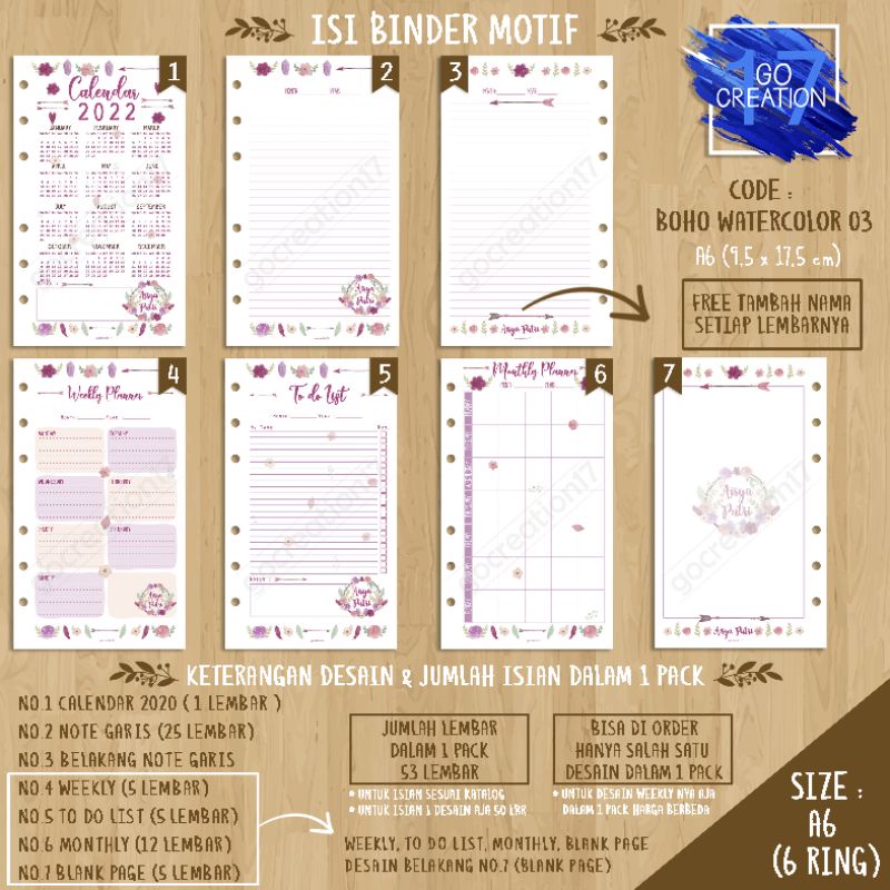

Buku Planner isi Kertas Binder Motif Boho Watercolor 03 Premium A6 ring 6