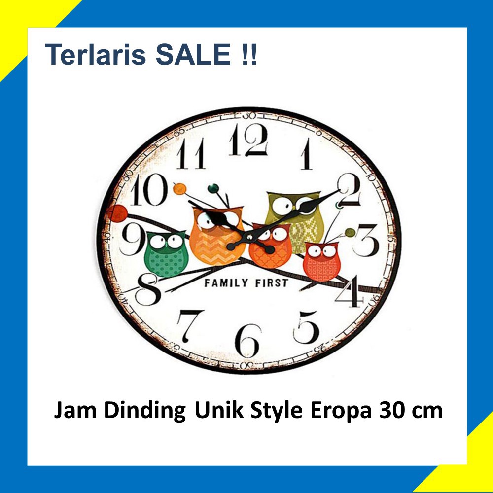 Jam Dinding Bulat Klasik Style Eropa 30cm Colorful Vintage Classic Cafe Owl Burung hantu TERMURAH BE