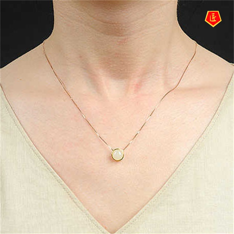 [Ready Stock]Hetian Jade Necklace Female 18K Gold Pendant Korean Style Temperament