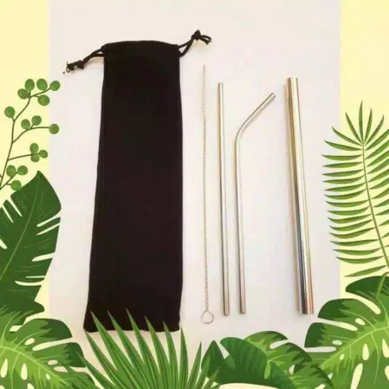 Sedotam Reusable Sedotan Stainless Steel 5 in 1 Drinking Straw Set Sikat Pouch