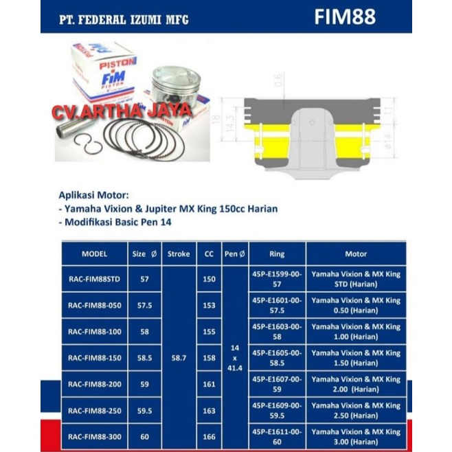 PISTON KIT FIM FIM88 YAMAHA VIXION / VIXION NEW / MX KING 150 / R 15 / R15 V1 / R15 V2 ( 57 / 57,5 / 58 / 58,5 / 59 / 59,5 / 60 ) ( STD / 050 / 100 / 150 / 200 / 250 / 300 ) ( PEN 14 / PIN 14 )-5