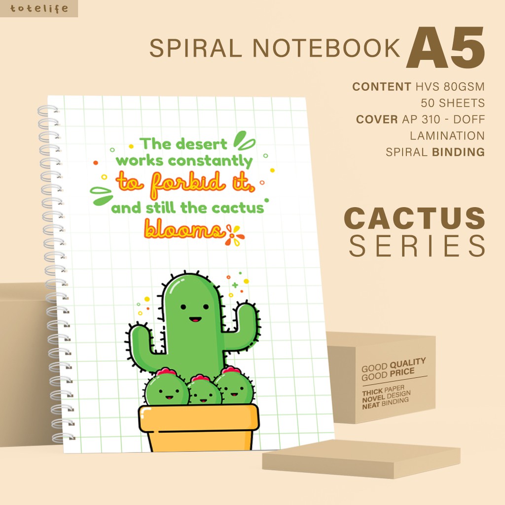 

[totelife] Spiral Notebook A5 / Cactus / 50 Lembar 80gsm / Dotted Grid Lined Plain Paper
