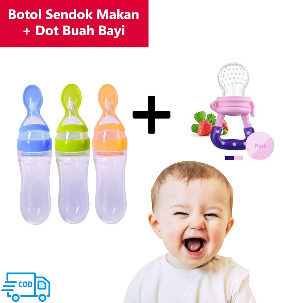 BEAUTY JAYA - BISA COD - PAKET 2 IN 1 Empeng Buah Baby / Dot Buah bayi + Botol Sendok Bayi / Botol Sendok Makan