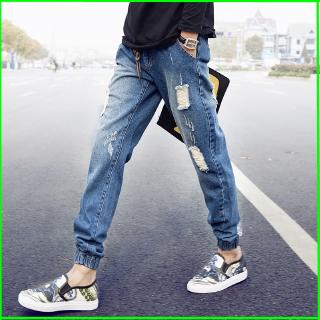  Celana  Panjang Jeans  Slim Model  Sobek  Bolong Motif Print 
