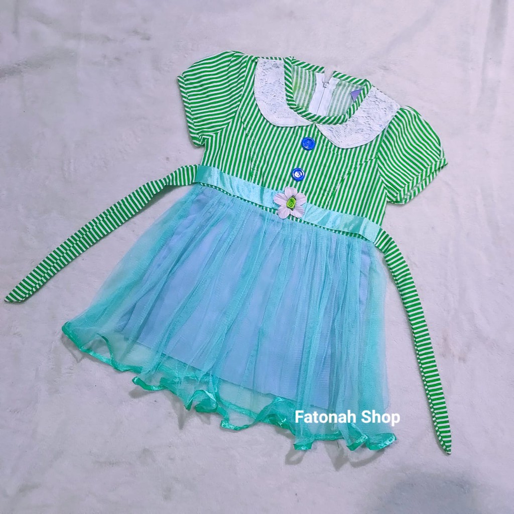 Dress anak 1 2 tahun gaun anak kerah tutu baju anak cewek perempuan muarh ( dress strip tutuKERAHPUTIH)