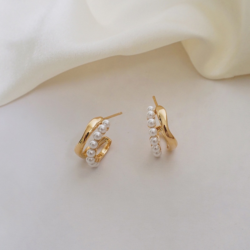 Anting Mutiara Ganda Bentuk Geometris Bahan Logam Gaya Korea Untuk Wanita