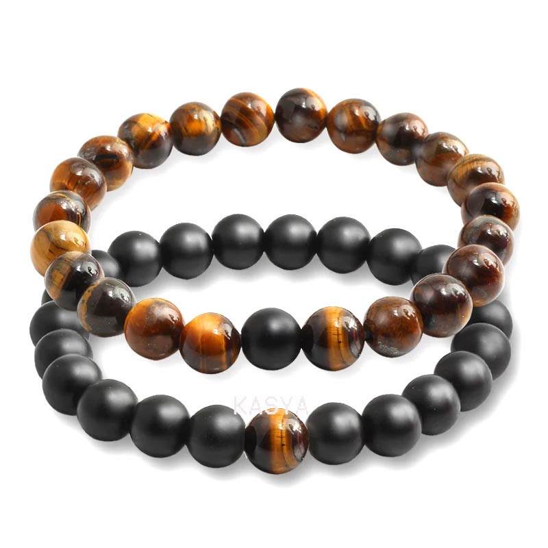 Gelang Couple Batu Natural Black Onyx Doff Tiger Eye 8mm elastis - Original Natural Stone