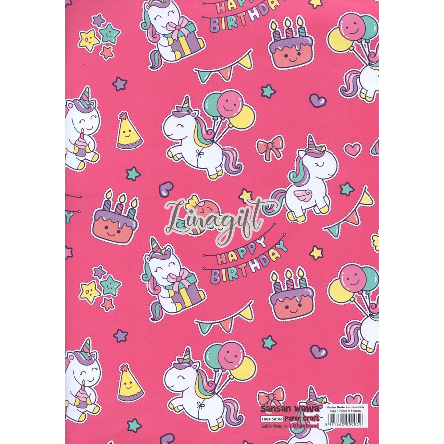 ( 5 Lembar ) JUMBO BDAY - KERTAS KADO SANWA RAINBOW UNICORN - GIFT WRAP PAPER ULANG TAHUN KUDA PONY HAPPY BIRTHDAY CUTE ANIMAL CATS FLAMINGGO BALOONS / BALON