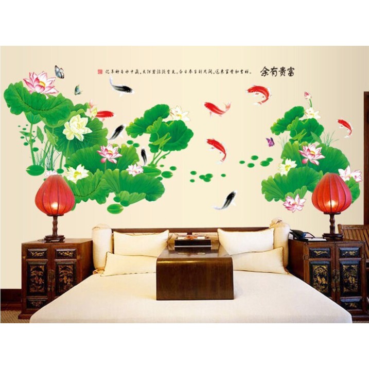 RELIZA WALL STICKER BUNGA FLOWERS TERATAI HIJAU IKAN KOI CHINA TXXL AY223 STIKER DINDING