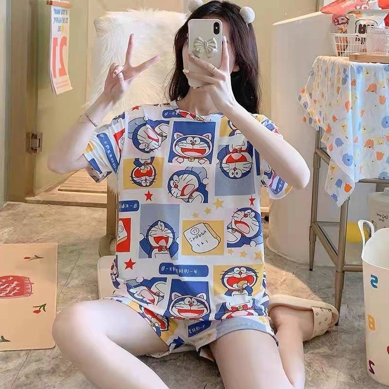 Baju Tidur Wanita Style Korea Import / Setelan Piyama Lengan Pendek, Celana Pendek Motif Kartun Adem Dan Lembut