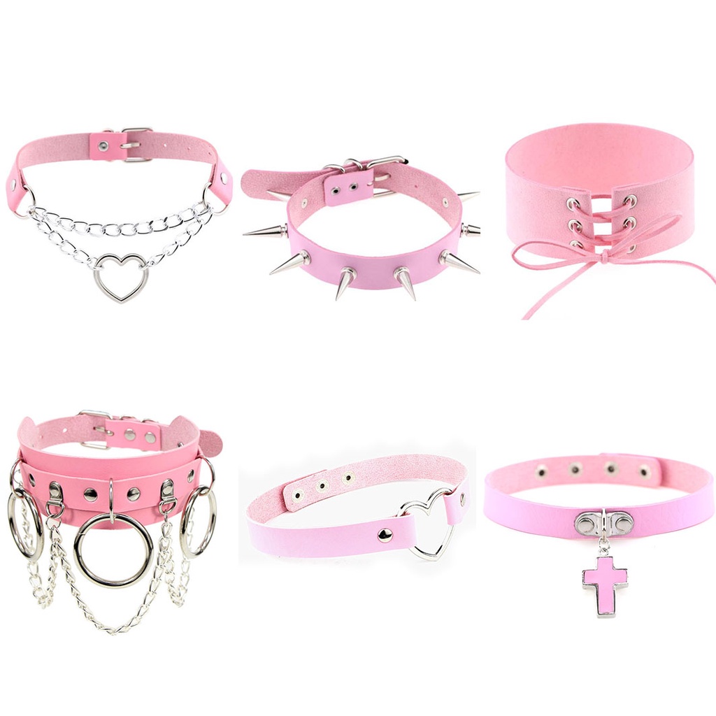 Kalung Choker Bahan Kulit PU Dengan Liontin Rumbai Warna Pink Gaya Punk Gothic Untuk Pria Dan Wanita