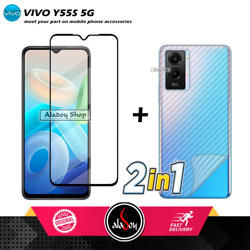 PAKET 2 IN 1 Tempered Glass Layar Vivo Y55S 5G + Skin Carbon Film 3D