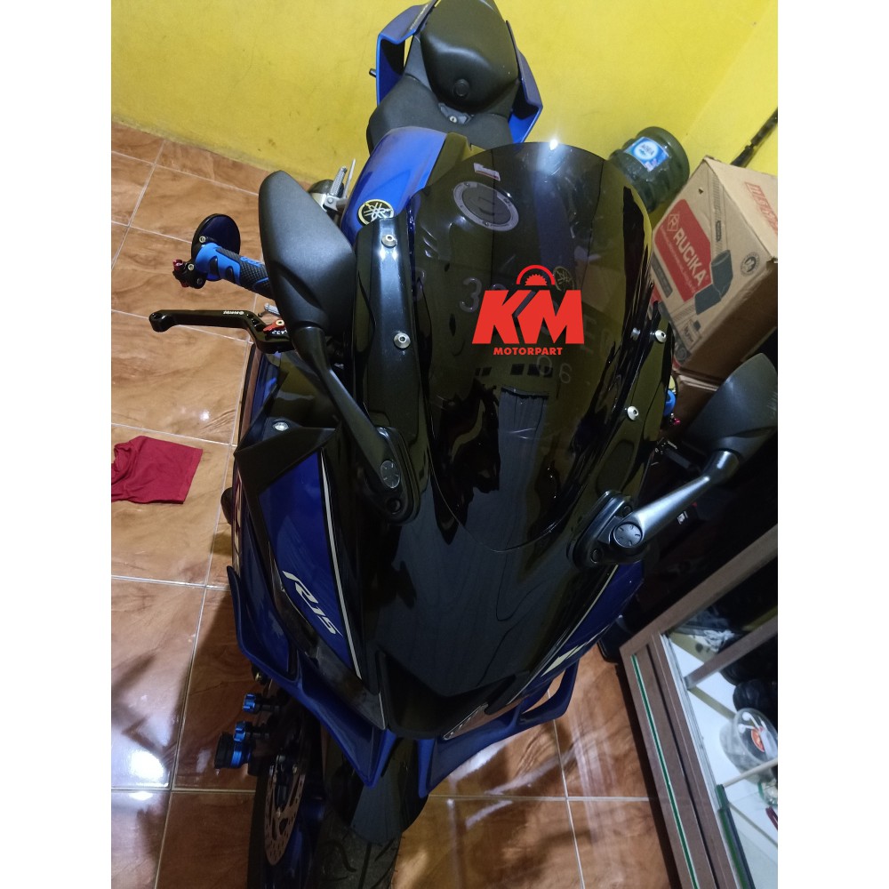 Visor R15 V3 2018 Full Jenong Hitam dan Bening Tebal 3 mm Bahan Kaca Mika Akrilik Tinggi 38 cm