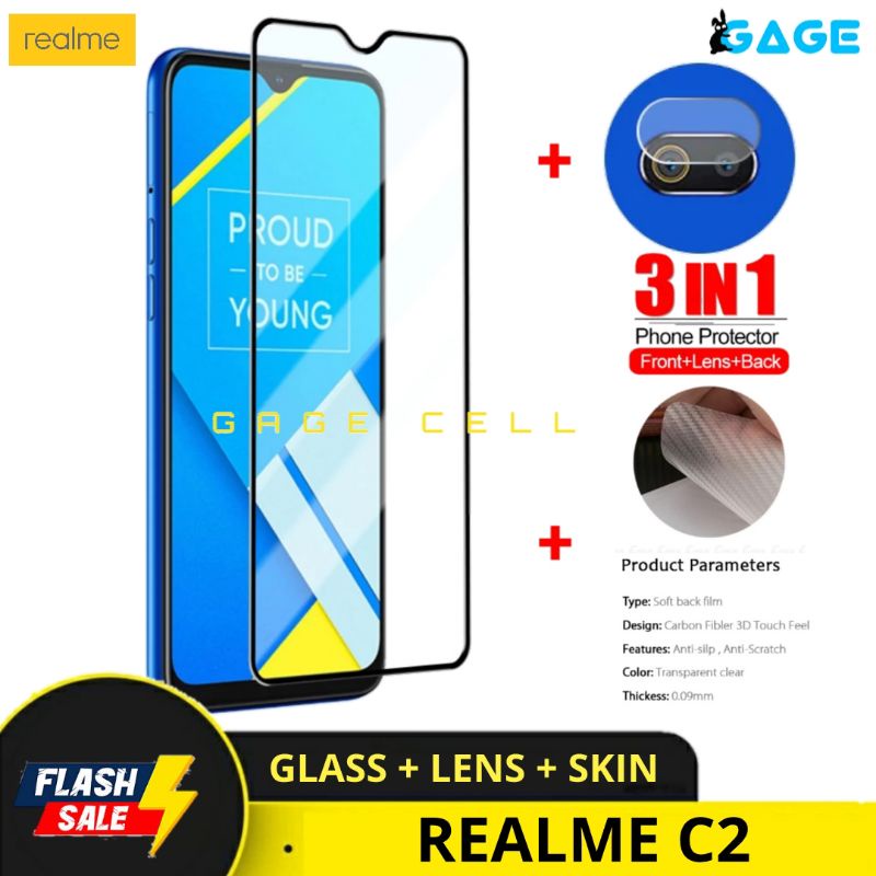 3IN1 TEMPERED GLASS FULL LAYAR KAMERA SKIN CARBON REALME C2 TG ANTI GORES DEPAN BELAKANG SCREEN