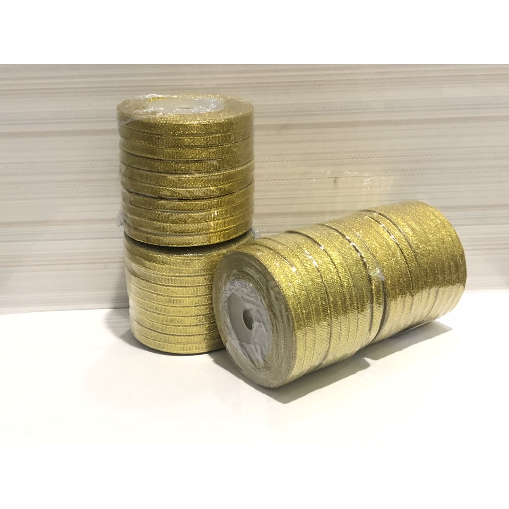 

Pita perak metalik 1/4” / pita emas metalik 0.6 cm glitter metallic ribbon isi 20 roll