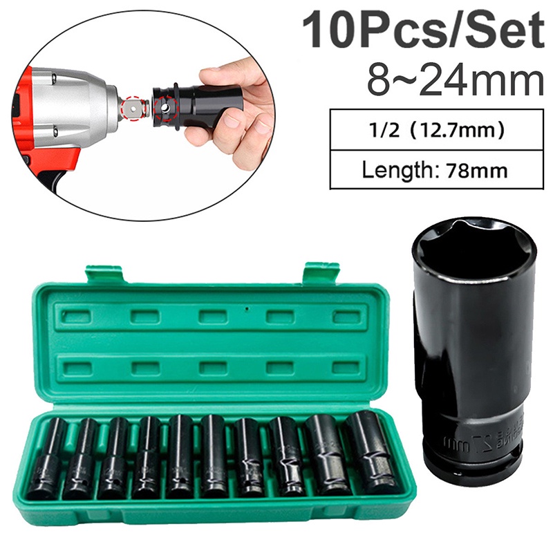 Impact Socket Set 10/15Pcs 1/2 Inch 8-24MM Extension Impact Socket Panjang Mencapai Soket Nut Perbaikan Alat