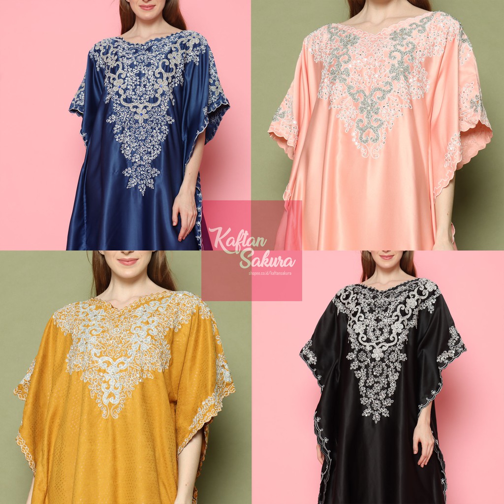 Kaftan Luna Super Premium Bahan Satin Full Bordir Motif Polos Bunga Warna Hitam Marun Navy Mewah