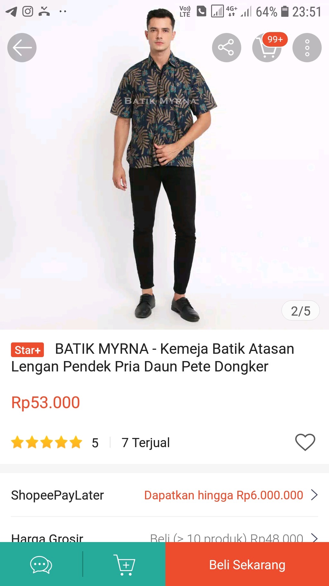 Batik Myrna - Kemeja Batik Lengan Pendek Baju Atasan Pria Motif Daun Pete Dongker