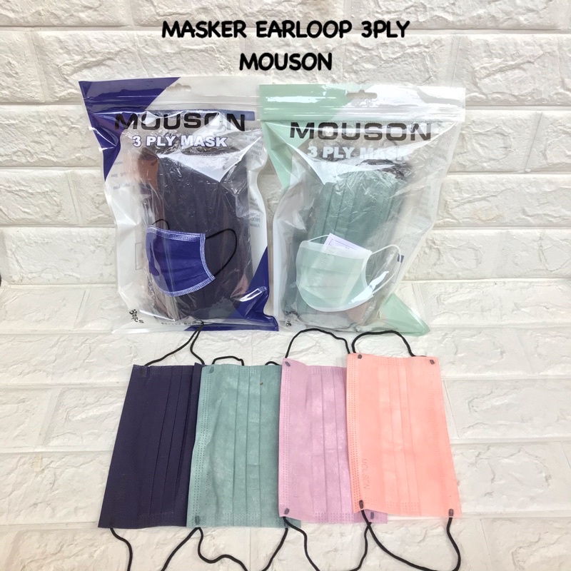 MASKER EARLOOP 3PLY PEACH MERK MOUSON CAREION TERMURAH 1BOX ISI 50PCS