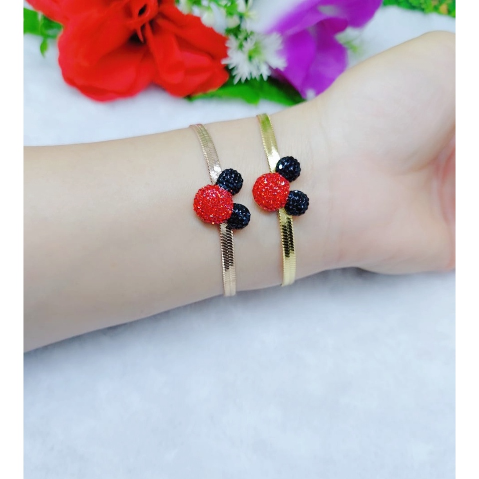 Titanium Gelang Mickey permata putih dan merah perhiasan fashion