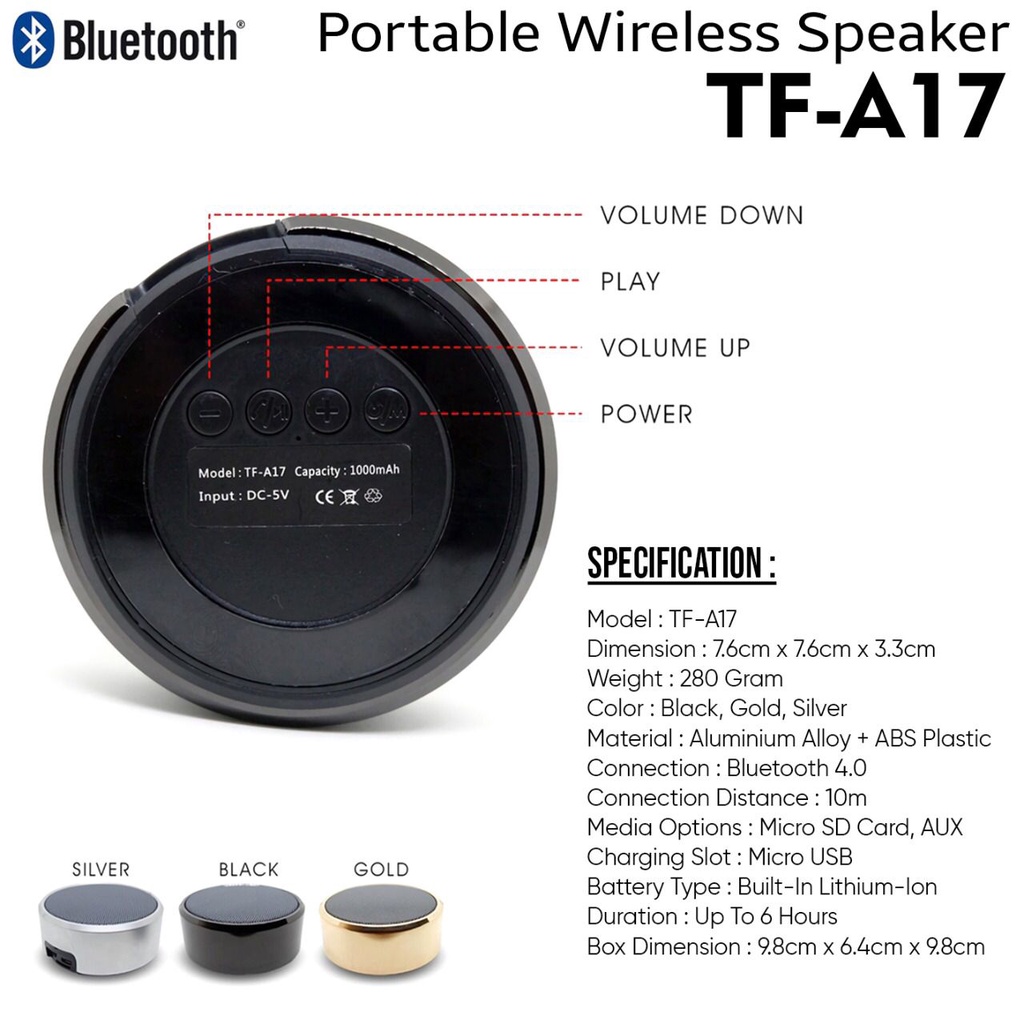 Speaker Bluetooh Mini A17 Wireless Portable Simplicity Series Material Aluminium Alloy ring + Abs Plastic Type TF-A17