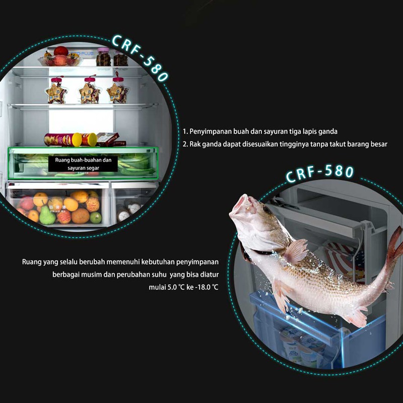 Changhong 463L Kulkas Side-by-side Inverter Refrigerator CRF580-Black ( Kulkas No Frost Anti Bunga Es ) (Kulkas Tempered Glass) (Kompresor Ramah Lingkungan ) ( Kulkas Dengan Kapasitas Besar) (Satu Tombol Kontrol Pintar) (Interior Kulkas dengan Food Grade)