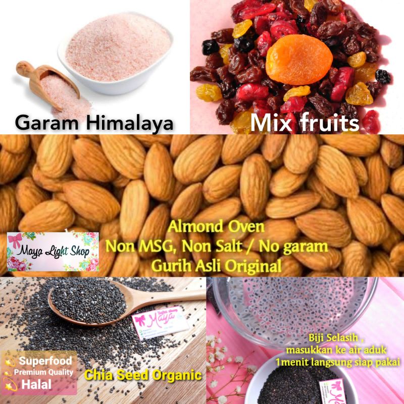superfood chia seed garam himalaya salt roasted almond dried fruits vegan food cemilan diet sehat cemilan ibu hamil promil