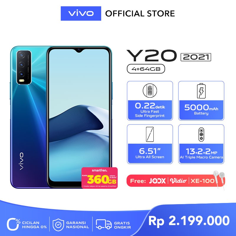 Promo Cuci Gudang Hp  [NEW ARRIVAL] vivo Y20 2021 4GB/64GB - Slim 5000mAh Battery - Ultra Fast Side