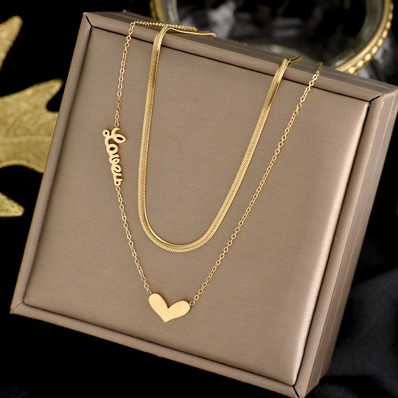 Golden Love Love Good Luck Round Brand Square Brand Geometric Double-layer Titanium Steel Men and Women Clavicle Chain Necklace Korean Fashion Jewelry