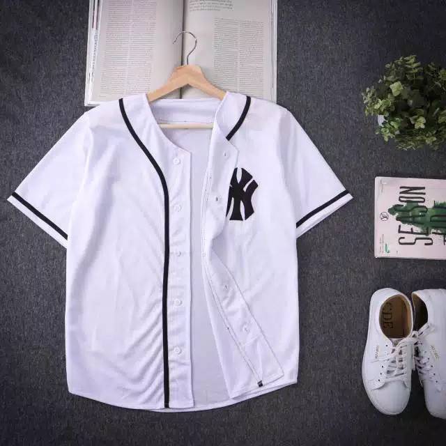 Baju baseball jersey baseball Pria Wanita NY putih list