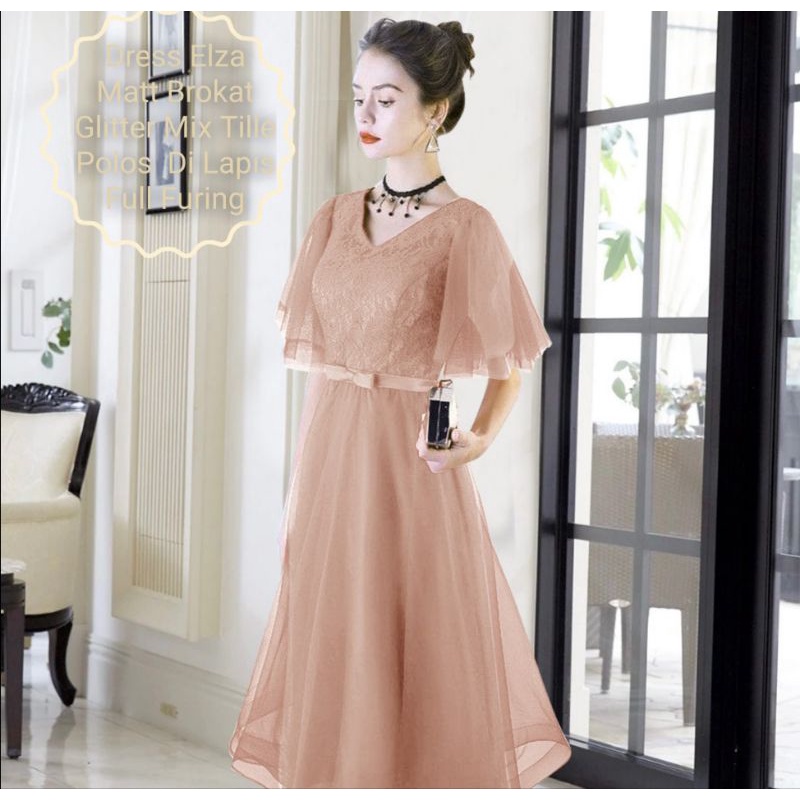 Dress Wanita Midi Terbaru Matt Brokat Glitter/Dress Elza Size  L-XL-XXL Cocok Untuk Acara Natal Dan Pesta Model Kekinian Viral