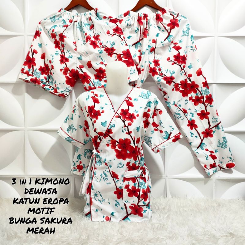 Piyama Kimono 3 in 1 dewasa motif Bunga sakura-Sakura Merah KMN