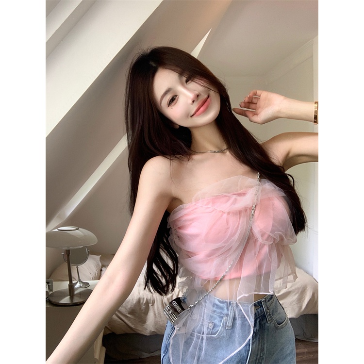 Tube top fashion wanita keinginan murni jala seksi atasan luar pendek musim panas baru gadis panas menunjukkan kemeja bottoming tipis bagian dalam
