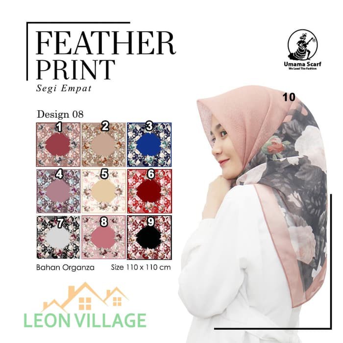 Kerudung FEATHER PRINT A8 UMAMA Hijab Jilbab Organza Segi Empat Motif