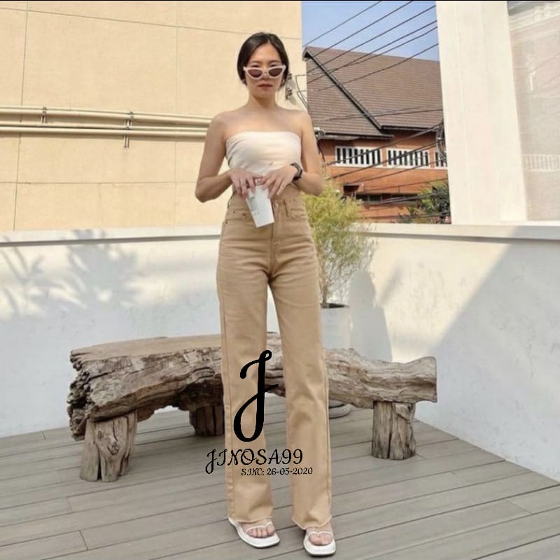 High Waist Kulot Jeans Wanita Loose Mocca