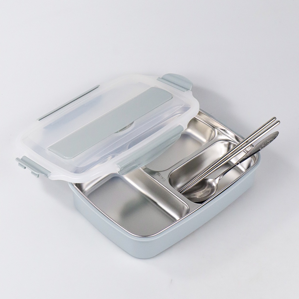 Kotak Makan Stainless Steel 3 Grid Healthy Bento Lunch Box dengan Sendok dan Sumpit