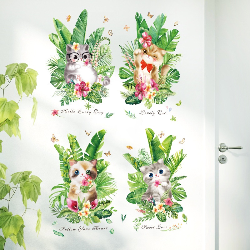 Stiker Dinding Desain Kartun Daun Hijau Kucing Untuk Dekorasi Kamar Anak