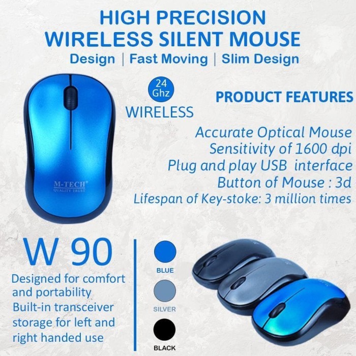Mouse wireless m-tech Usb 2.4ghz 1600dpi 3d Silent mini on off W-90 W90