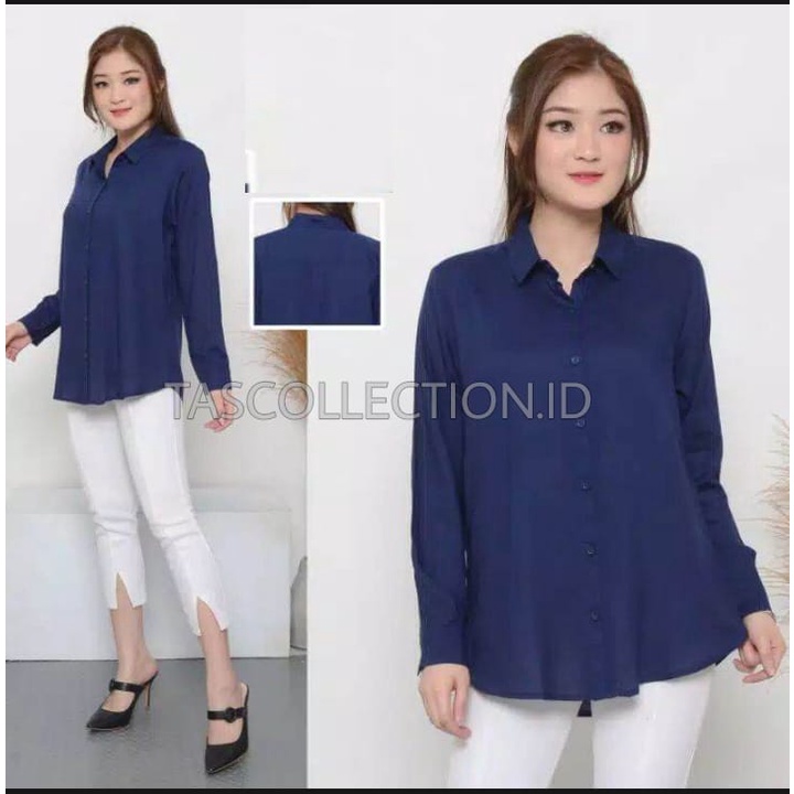 Kemeja wanita Basic lengan panjang bahan Moscrepe-NAVY BLUE