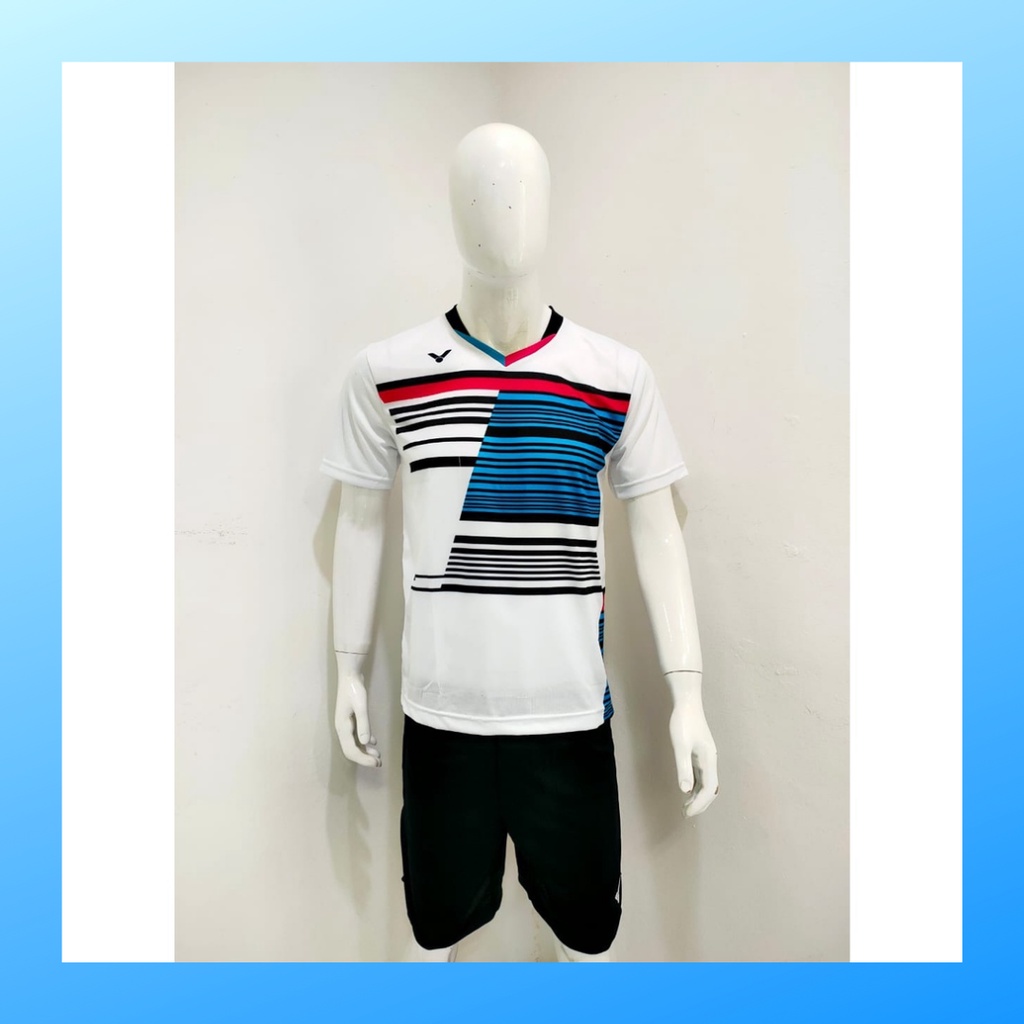 Kaos bulutangkis pria baju badminton dan celana jersey setelan wanita dewasa t-shirt outfit seragam jarsey kostum olahraga pakaian apparel sport jersy bulu tangkis casual jersi sudirman cup suit V137 putih polos