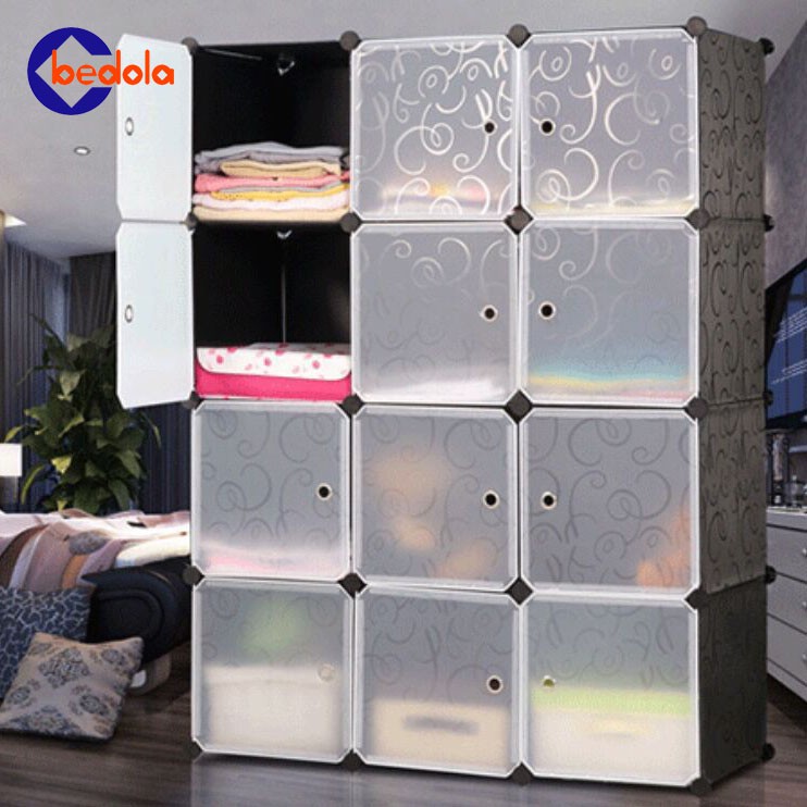 Bedola Lemari pakaian rak serbaguna susun plastik lemari portable baju 12kotak+2 gantungan