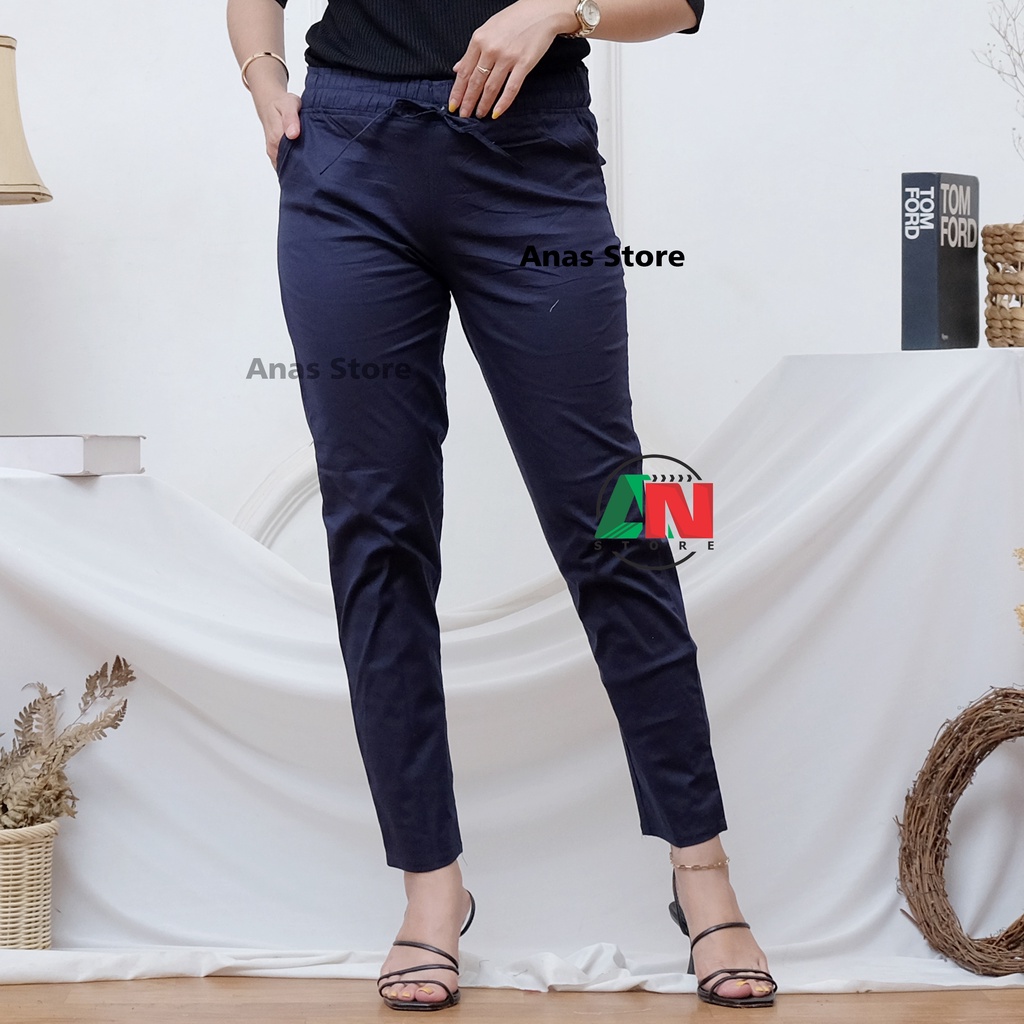 Celana Panjang Wanita Basic Pants Katun Stretch Tali Pinggang Karet Bahan Melar Tidak Kaku