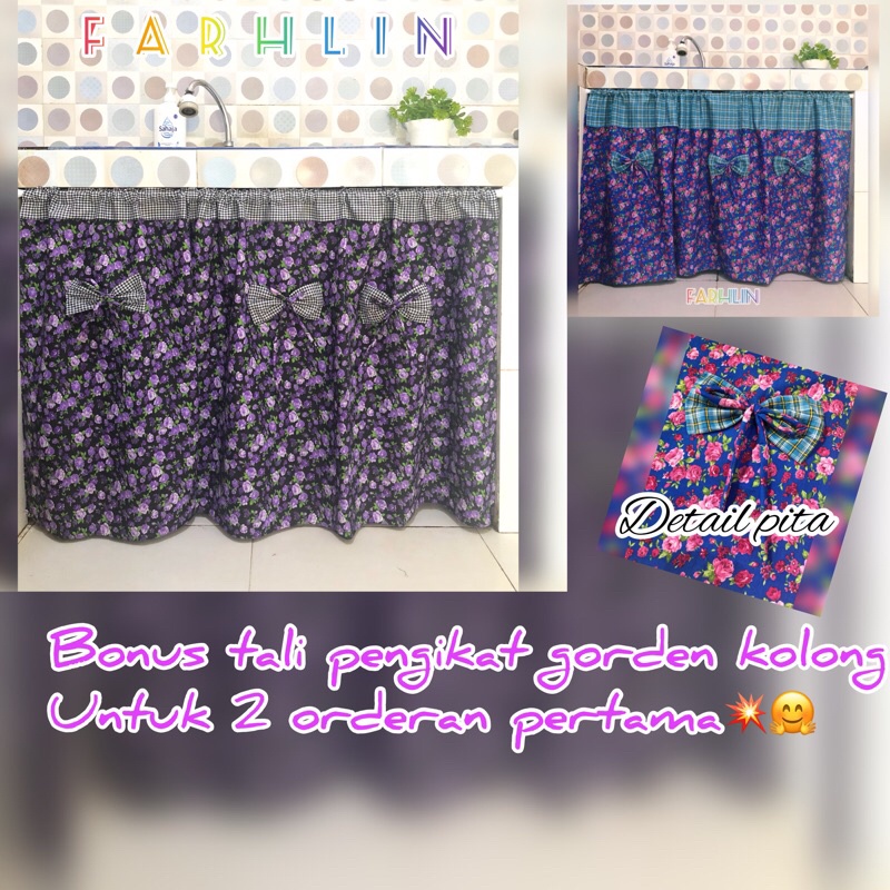 gorden kolong dapur shaby | gorden kolong dapur motif bunga | gorden kolong kombinasi pita cantik