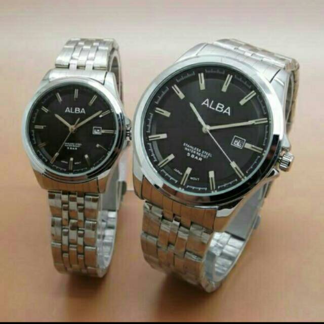 Jam Tangan Couple ALBA date Rantai Silver Plat Black Kw Super